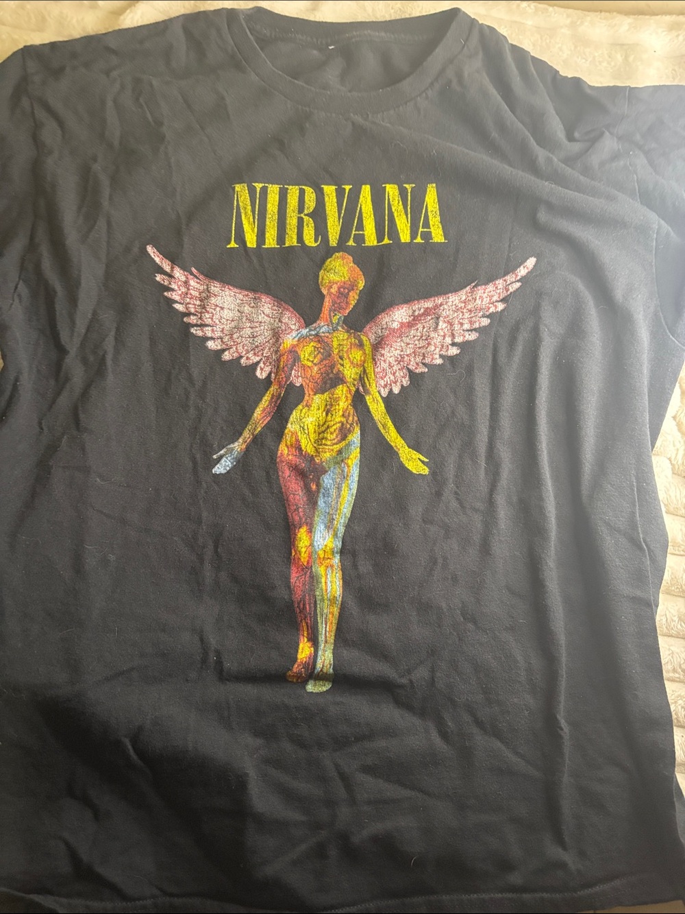 NIRVANA Black Tee with Multicolor Angel Graphic